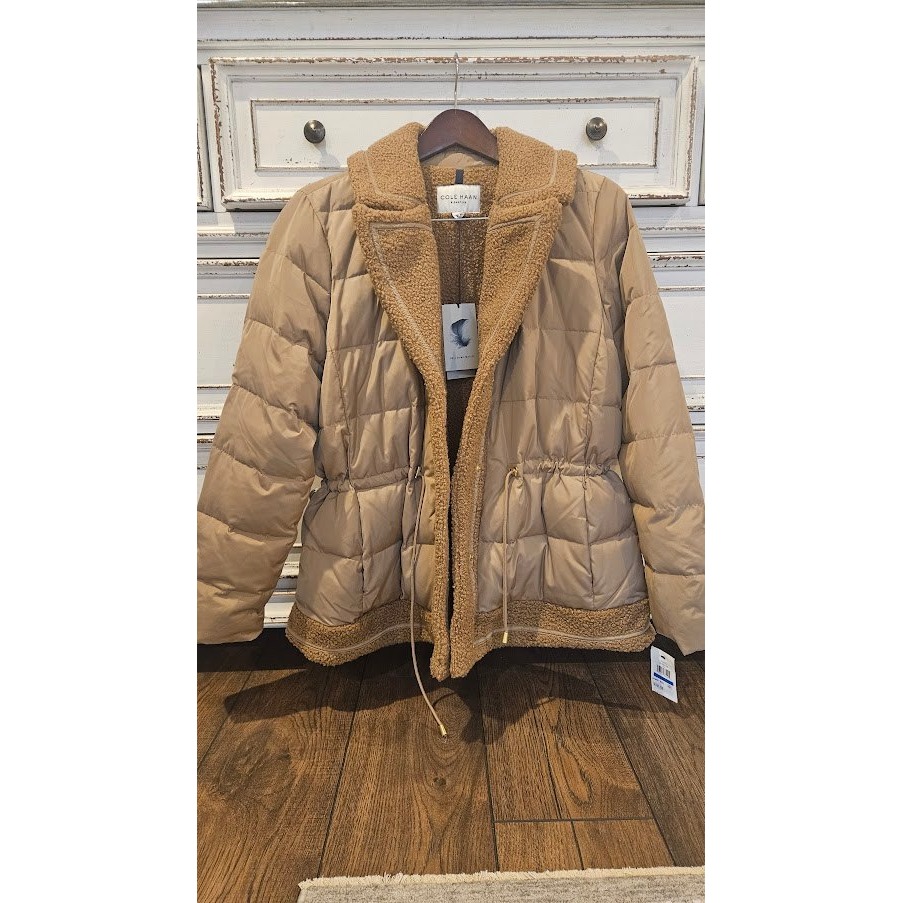 Cole Haan Signature Women's Down Puffer Jacket Sherpa Trim Tan Beige Coat